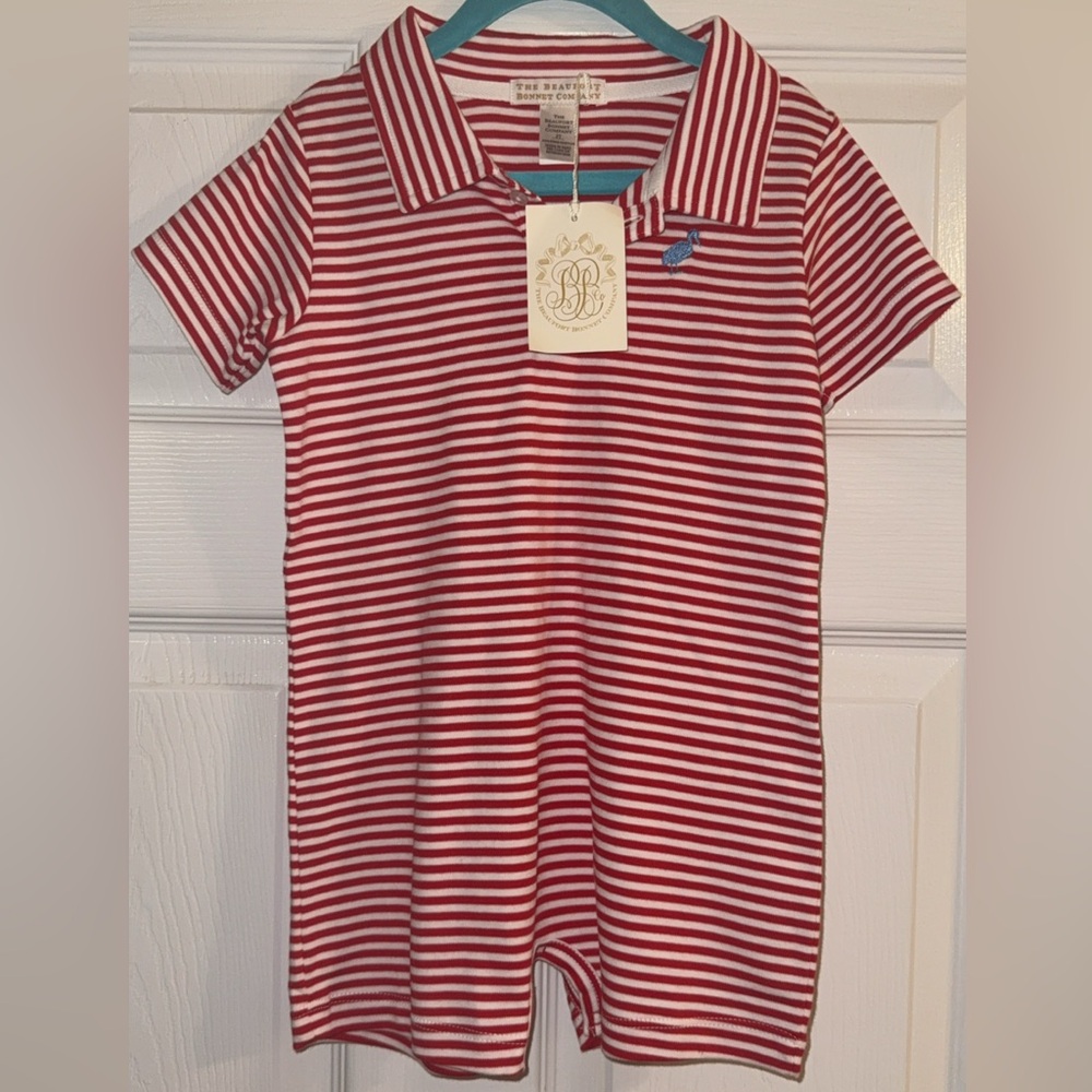 The Beaufort Bonnet Company Red and White Striped Romper